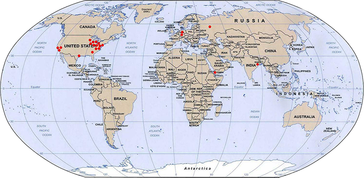 globe with BRINMAR Clients marked